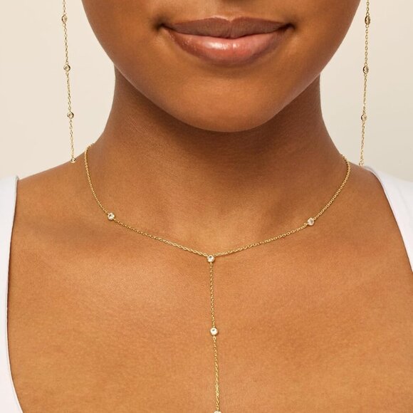14K Gold Plated Drop Lariat Chain for Women - Gold Cubic Zirconia Long Necklace - Picture 2 of 4